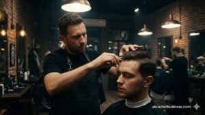 Cinematic still of a modern barber cutting a client's hair with clippers in a busy shop.