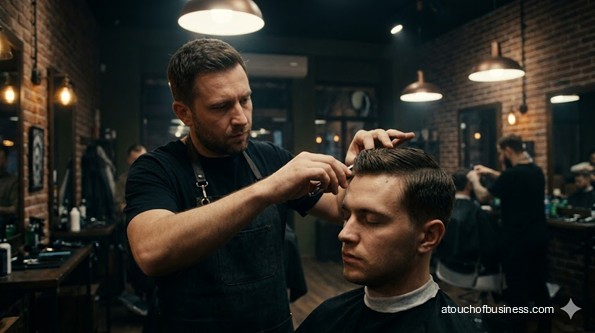 Cinematic still of a modern barber cutting a client's hair with clippers in a busy shop.
