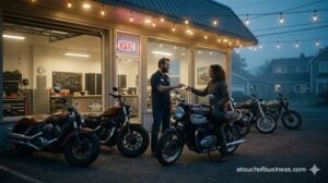 Cinematic wide shot of customers renting Triumph and Indian cruiser motorcycles at Coastal Cruiser Rentals at dusk.