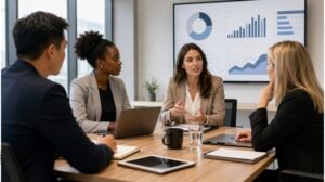 Four people in a new modern new office having a meeting.