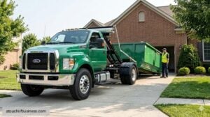 Modern roll-off dumpster delivery truck backs into residential driveway to place a green 20-yard container.