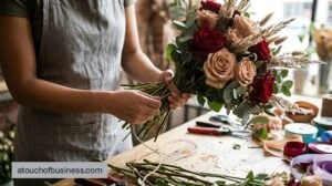 Close-up of a florist's hands expertly assembling a custom bridal bouquet with fresh roses and eucalyptus.