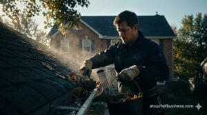 A gutter cleaning professional on a ladder, using a scoop to clear debris from residential roof gutters.