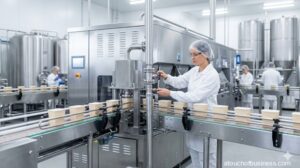 Woman in clean room gear operating stainless steel ice cream machinery in a modern production facility.