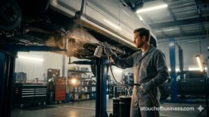 A mechanic in coveralls rustproofing the interior floor pan of a modern vehicle.