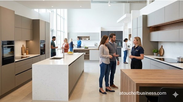Modern kitchen cabinet showroom interior with displays, consulting customers, and sales staff.