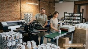 A man and a woman working in a small mug-printing factory.
