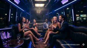 Interior celebration on a luxury party bus with vibrant LED lighting and passengers toasting at night.