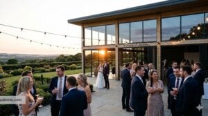 Modern wedding venue in operation showing guests on an outdoor terrace at sunset near a pavilion.