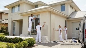 Professional painting crew applying beige paint to the stucco exterior of a modern two-story suburban house.