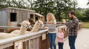 Families interacting with fluffy alpacas in a structured, rustic-chic petting zoo enclosure under soft daylight.
