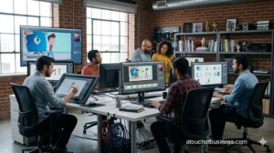 Diverse animators collaborating on digital character design in a modern, open-plan animation studio workspace.