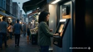Woman using modern ATM in busy street market at dusk; cinematic film lighting.