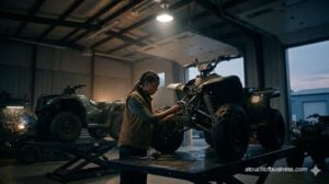 Experienced technician replacing suspension components on an all-terrain vehicle in a busy service garage.