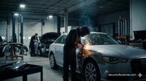 Mechanics working on two cars in a body shop