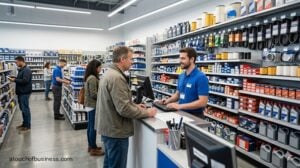 Customers and staff interacting inside a modern, well-stocked auto parts retail store environment.