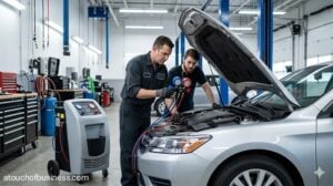 Mechanics in a modern garage service a car's AC system with a manifold gauge set, under open hood.