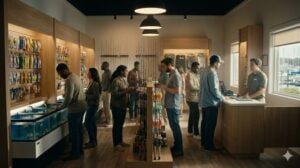 Busy modern bait shop interior with customers browsing fishing gear, live bait tanks, cinematic lighting.
