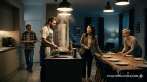 Residents and a cook prepare a communal meal in a sleek, modern boarding house kitchen at dinner time.
