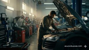 Busy independent auto repair garage with a mechanic servicing a car.
