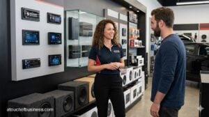 A car audio specialist assists a customer in a modern showroom filled with generic stereo head units and speakers.