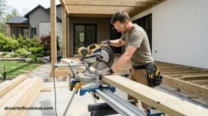 A carpenter cutting lumber with a power saw for a modern pergola and deck renovation.