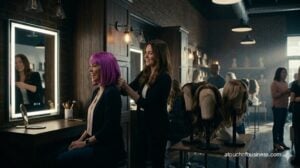 Cinematic still: a wig shop with brick walls; a new customer laughs while trying a colorful bob wig.