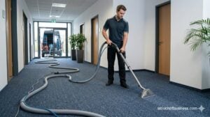 Commercial carpet cleaning operation using a truck-mount system wand in an office hallway.