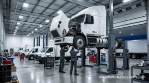 Heavy-duty mechanics service white semi-truck on lift inside modern fleet maintenance garage.