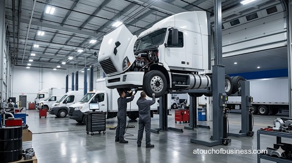 Heavy-duty mechanics service white semi-truck on lift inside modern fleet maintenance garage.