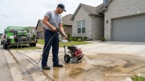 A distinct professional worker pressure washing the brick facade of a large commercial building entryway.