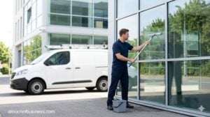A window cleaner in a generic blue uniform uses a squeegee on a large office window during the day.