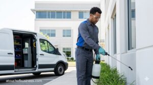Technician spraying a commercial building perimeter, modern pest control service.