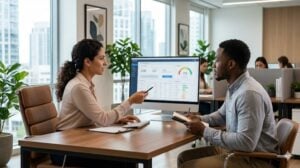 Realistic photo of a Hispanic female credit repair consultant advising an African American male client in a modern office.
