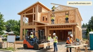 Construction workers frame a modern custom home on a sunny day.