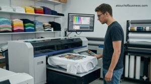 A man monitoring a direct-to-garment digital printer in operation at a modern t-shirt business.