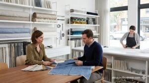 Interior of a modern drapery design studio, designer showing fabric swatches to a client.