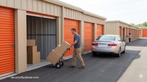 Customer unloading boxes into an outdoor drive-up self-storage unit during the day.