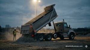 Modern dump truck pouring gravel at a dusty construction site with atmospheric lighting.