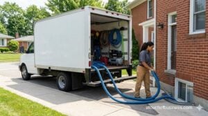 A technician guides a long vacuum hose from an unmarked truck towards a residential home's window well.