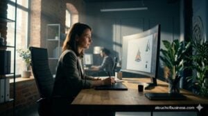 Graphic design professionals working on brand identity using a curved monitor and tablet in a modern office.