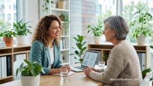 Health coach consulting with client in a modern, bright office with plants, illustrating personal coaching.