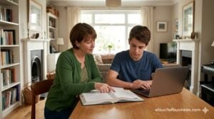 A focused teenager receives math tutoring from a middle-aged female tutor in a cozy home setting.