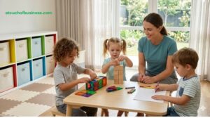 Children building with blocks at a low wooden table in a brightly lit, clean indoor daycare classroom.