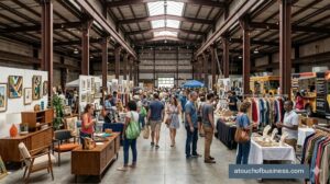 An indoor flea market inside a large, renovated warehouse, featuring diverse crowds and bright string lighting.