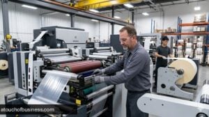 An operator adjusting a multi-station industrial flexographic label press during a production run in a factory.