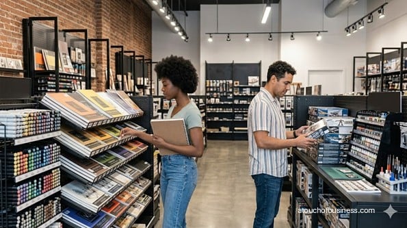 Shoppers exploring art supplies and hobby kits in an industrial-style craft boutique.