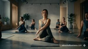 A woman performs the Warrior II pose during a yoga class in a sunlit, modern industrial studio