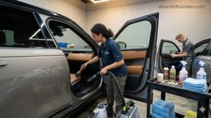 Detailing specialist meticulously vacuums and cleans the leather interior of a luxury SUV in a well-lit shop.
