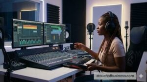 A young music producer creating a jingle on a mixing console in a professional recording studio.